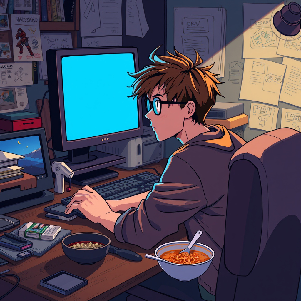 an indie game developer sat at their desk in an anime style